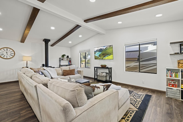living area featuring dark wood-style flooring, recessed lighting, vaulted ceiling with beams, and a wood stove