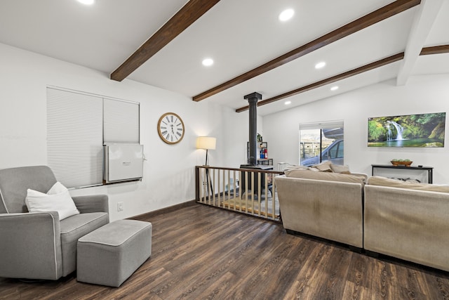 living area with recessed lighting, baseboards, wood finished floors, and vaulted ceiling with beams