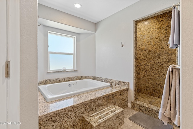 18551 Jacks Hill Rd, Tehachapi, CA 93561 - bathroom with a garden tub, tile patterned flooring, and walk in shower