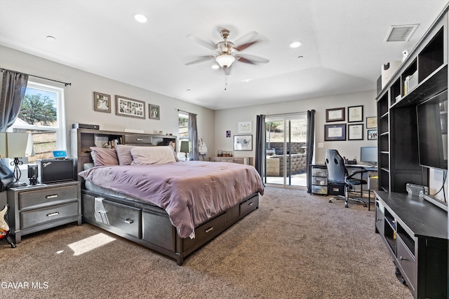 18551 Jacks Hill Rd, Tehachapi, CA 93561 - bedroom with carpet, access to outside, a desk, multiple windows, and recessed lighting
