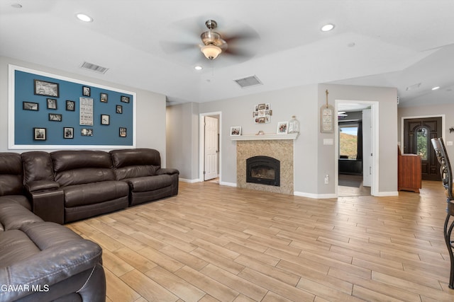 18551 Jacks Hill Rd, Tehachapi, CA 93561 - living room featuring ceiling fan, light wood finished floors, a tile fireplace, and recessed lighting
