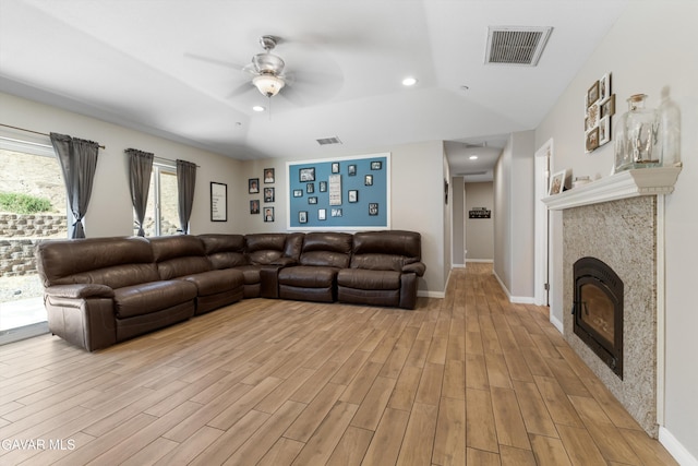 18551 Jacks Hill Rd, Tehachapi, CA 93561 - living room featuring light wood-type flooring, ceiling fan, recessed lighting, and a fireplace