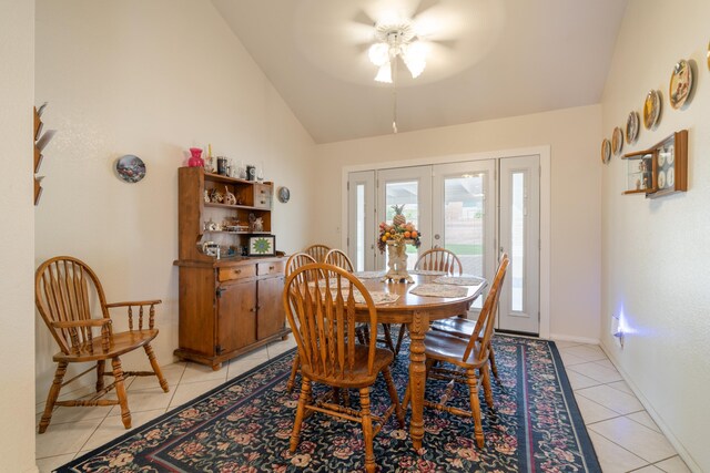 42419 W 61st St, Quartz Hill, CA 93536 - dining space featuring french doors, light tile patterned floors, a ceiling fan, high vaulted ceiling, and baseboards