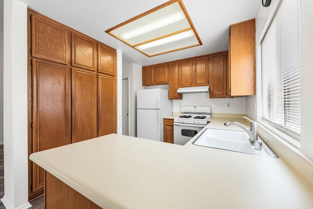 3243 Geri Ct, Rosamond, CA 93560 - kitchen with white appliances, a sink, under cabinet range hood, brown cabinets, and light countertops