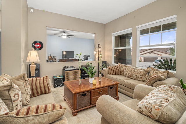 living room featuring ceiling fan