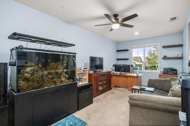 living room featuring ceiling fan and light carpet