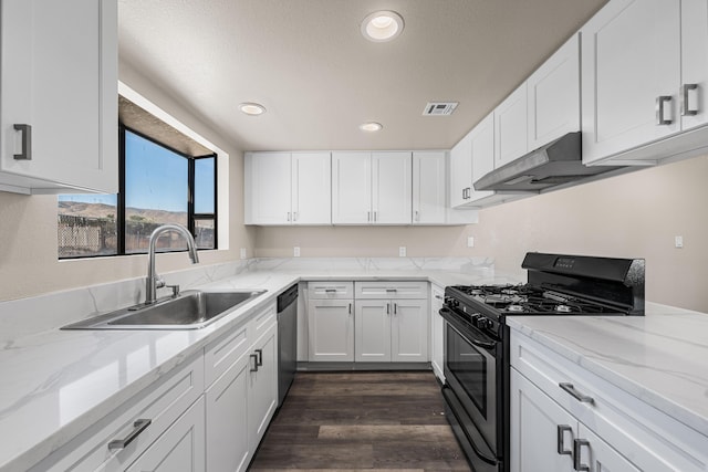 kitchen with a sink, visible vents, under cabinet range hood, black range with gas stovetop, and dishwasher
