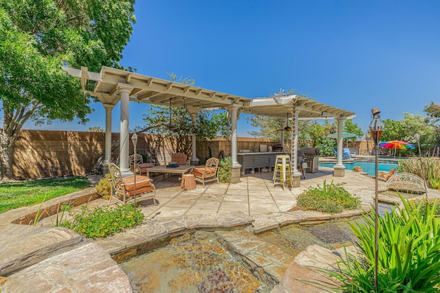 view of patio with an outdoor living space, a fenced in pool, and a pergola