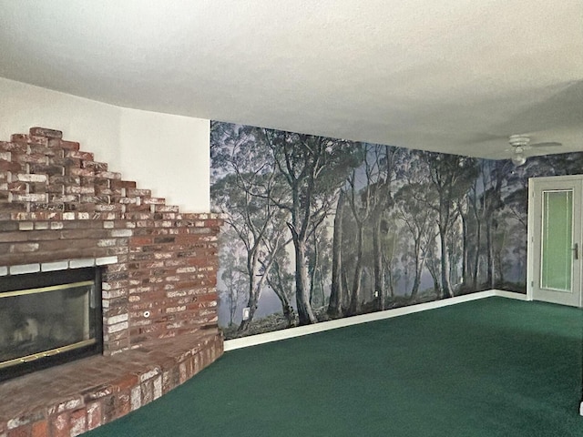 interior space with ceiling fan and an outdoor brick fireplace