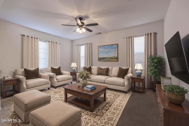 2022 Howard St, Rosamond, CA 93560 - living area with a ceiling fan and light colored carpet