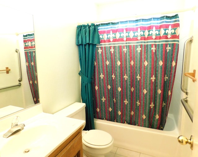 full bathroom with shower / tub combo, vanity, toilet, and tile patterned floors