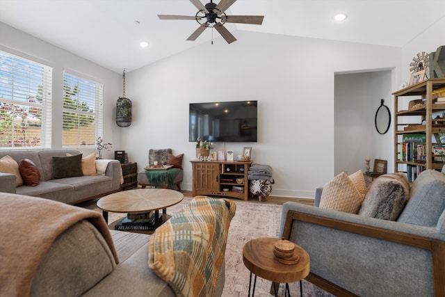 living room with wood finished floors, ceiling fan, vaulted ceiling, baseboards, and recessed lighting