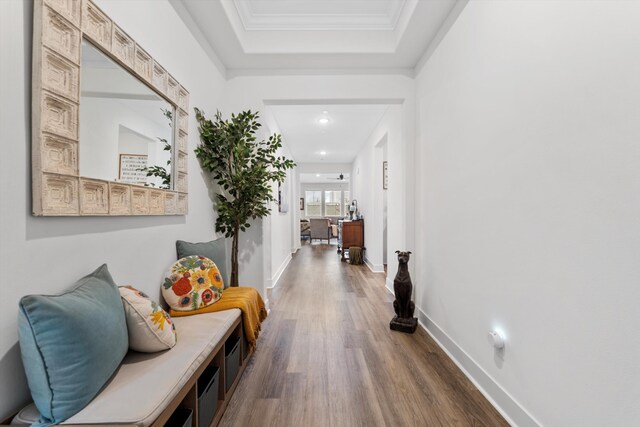 hallway featuring wood finished floors, baseboards, and recessed lighting