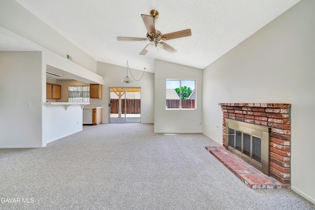 3524 San Jacinto Ave, Rosamond, CA 93560 - unfurnished living room with a fireplace, light colored carpet, lofted ceiling, and ceiling fan