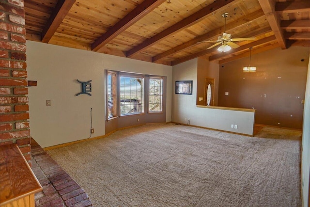 unfurnished living room featuring vaulted ceiling with beams, wooden ceiling, a ceiling fan, baseboards, and carpet