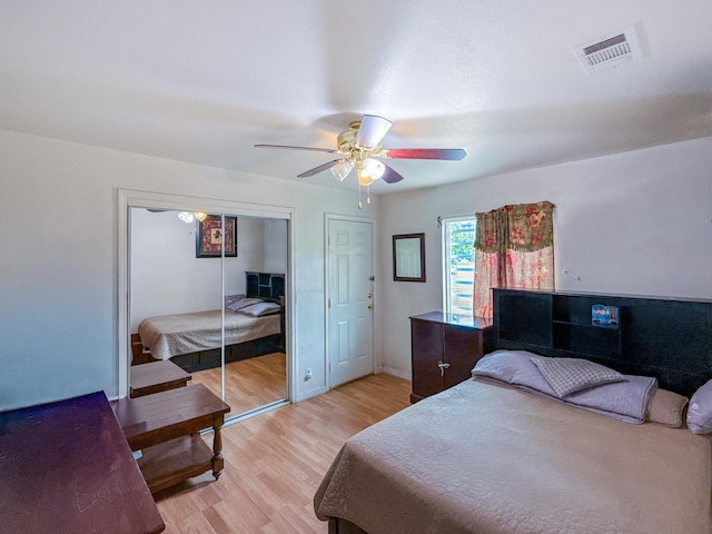 45431 Sancroft Ave, Lancaster, CA 93535 - bedroom with light wood finished floors, ceiling fan, and a closet
