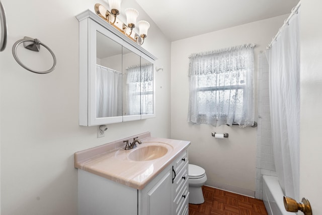 full bathroom featuring toilet, vanity, parquet floors, and shower / bath combination with curtain