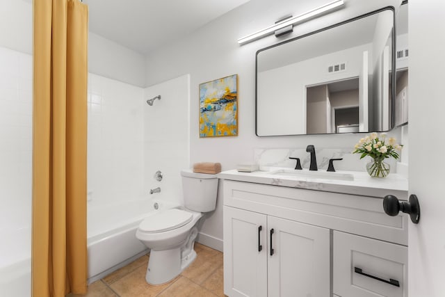 full bathroom with tile patterned floors, vanity, shower / bath combo, and toilet