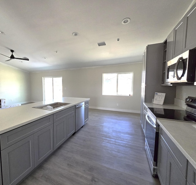 kitchen with stainless steel appliances, ceiling fan, gray cabinets, and dark hardwood / wood-style flooring