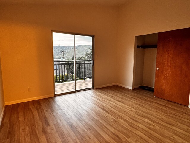 spare room with wood finished floors, a mountain view, and baseboards