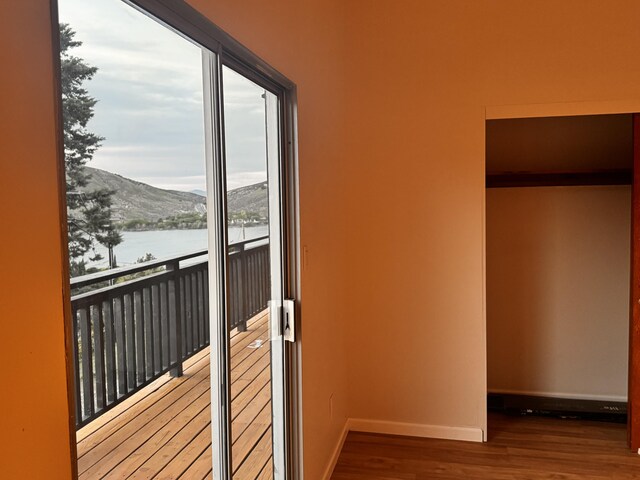 entryway with a mountain view, wood finished floors, and baseboards