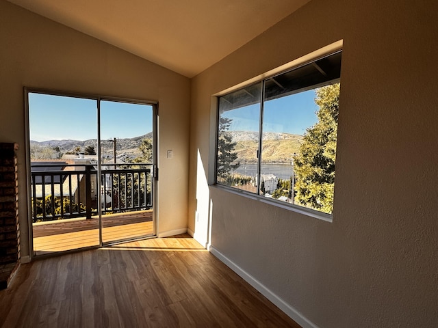 unfurnished room featuring a mountain view, vaulted ceiling, wood finished floors, baseboards, and healthy amount of natural light