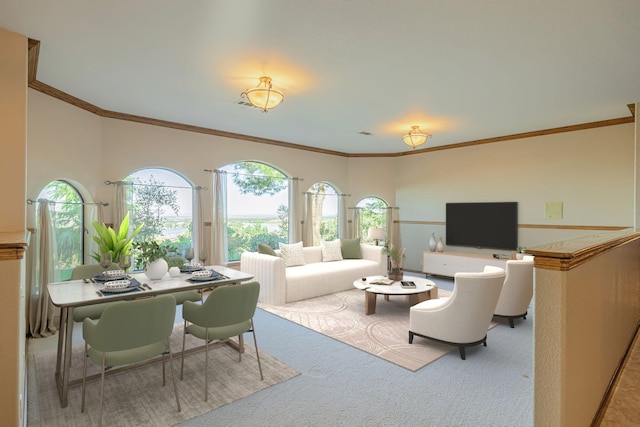 carpeted living room featuring a wealth of natural light and ornamental molding