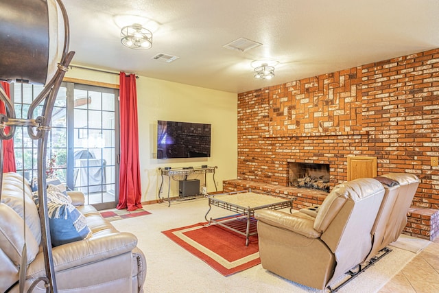 36546 El Camino Dr, Palmdale, CA 93551 - living room with a textured ceiling and a brick fireplace