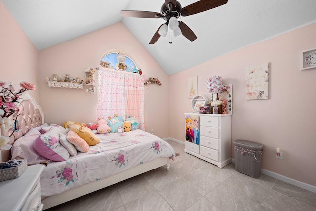 bedroom featuring ceiling fan and lofted ceiling