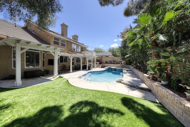 view of swimming pool with a pergola, a fenced in pool, an in ground hot tub, a lawn, and a patio