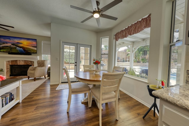 dining room with a ceiling fan, dark wood finished floors, a wealth of natural light, and a high end fireplace