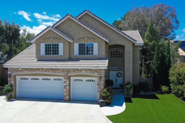traditional-style home with stucco siding, driveway, stone siding, and a garage