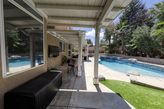view of swimming pool with a patio, a fenced backyard, a pergola, and a fenced in pool