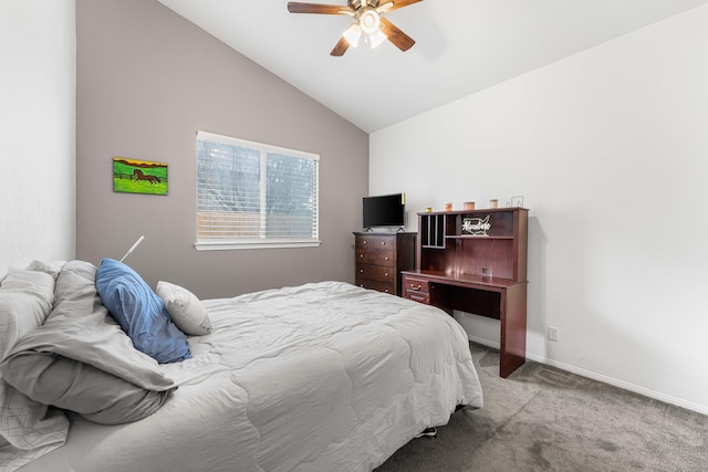 bedroom with baseboards, ceiling fan, carpet flooring, and vaulted ceiling