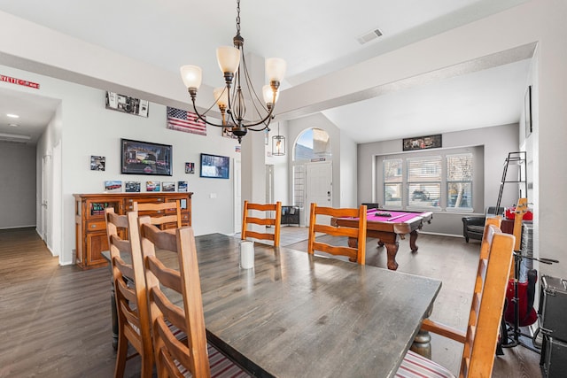 dining area with visible vents, dark wood-style floors, and billiards