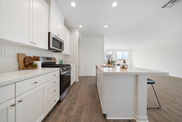 kitchen with visible vents, a kitchen island with sink, a sink, dark wood finished floors, and stainless steel appliances