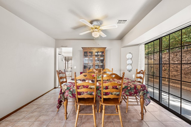 dining area with light tile patterned floors, ceiling fan, visible vents, and baseboards