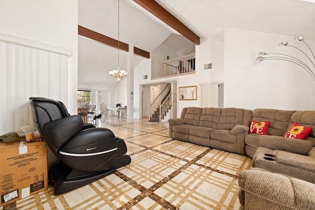 living room featuring high vaulted ceiling, a notable chandelier, and beam ceiling