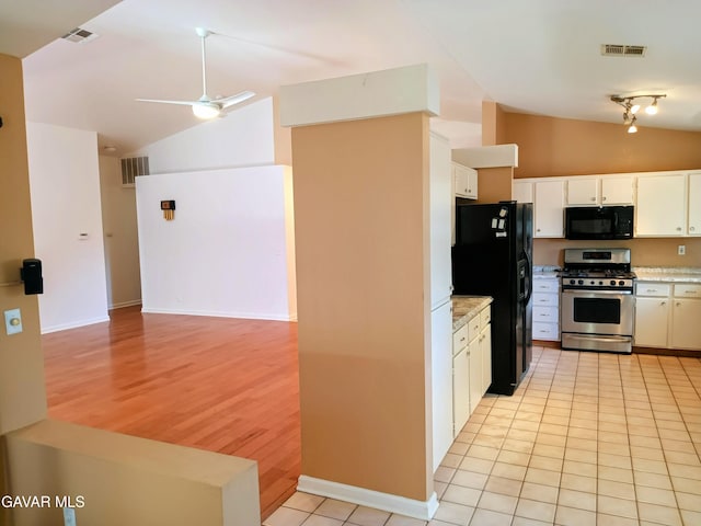 6310 Treehaven Ct, Lancaster, CA 93536 - kitchen featuring black appliances, lofted ceiling, a ceiling fan, white cabinetry, and light wood-type flooring