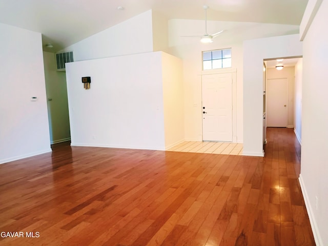 6310 Treehaven Ct, Lancaster, CA 93536 - foyer featuring light wood finished floors, ceiling fan, and high vaulted ceiling