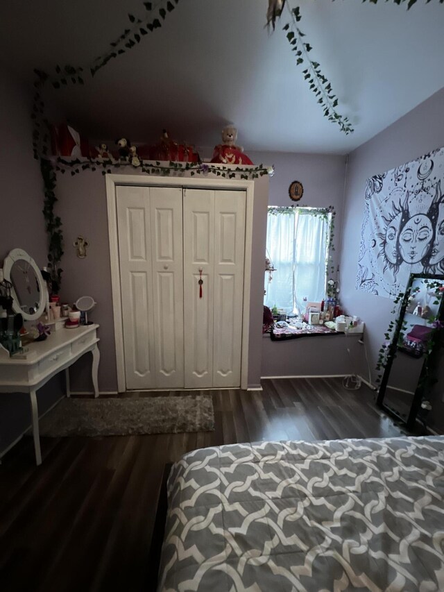 bedroom with dark hardwood / wood-style flooring and a closet