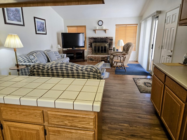 35823 E 48th St, Palmdale, CA 93552 - living room with lofted ceiling, dark wood finished floors, and a fireplace