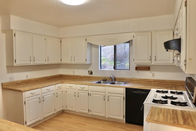 kitchen with light wood-type flooring, white cabinets, exhaust hood, sink, and dishwasher