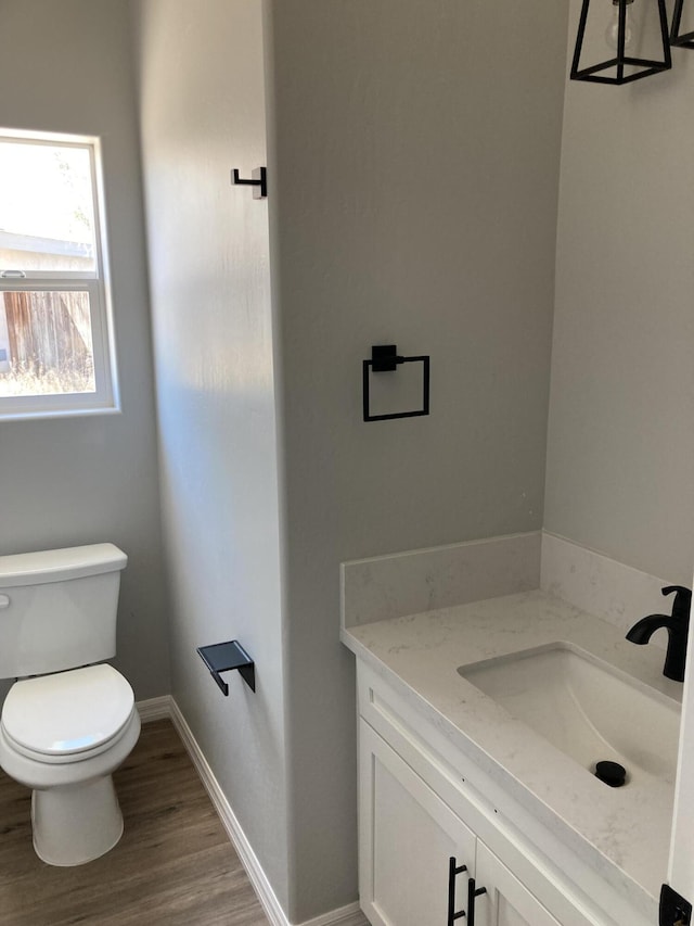 bathroom with vanity, wood-type flooring, and toilet