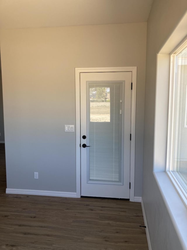 doorway to outside featuring dark wood-type flooring