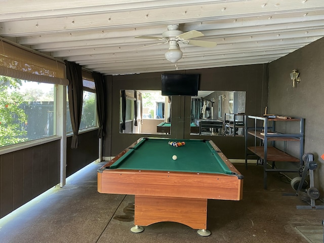 9755 E E Ave S Unit 12, Littlerock, CA 93543 - recreation room with billiards, a ceiling fan, and concrete floors