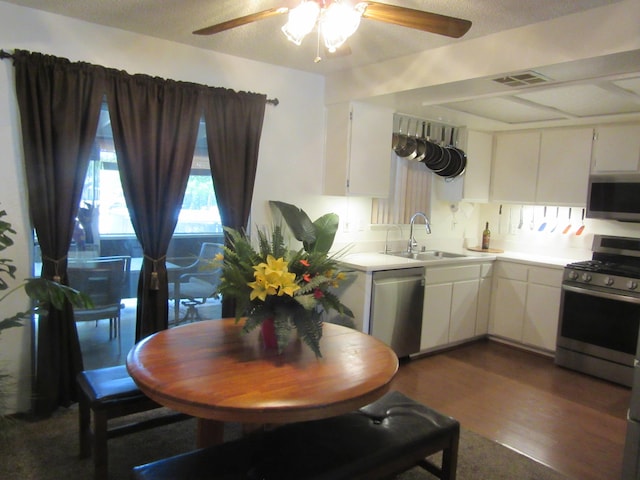 9755 E E Ave S Unit 12, Littlerock, CA 93543 - kitchen with appliances with stainless steel finishes, a sink, ceiling fan, and white cabinets