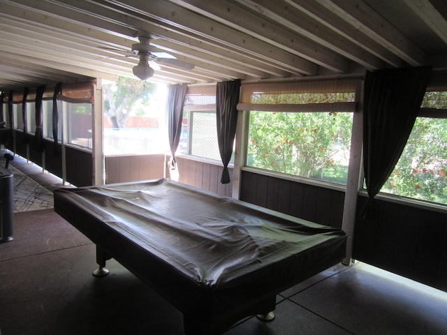 9755 E E Ave S Unit 12, Littlerock, CA 93543 - rec room with healthy amount of natural light, pool table, a ceiling fan, and wood walls
