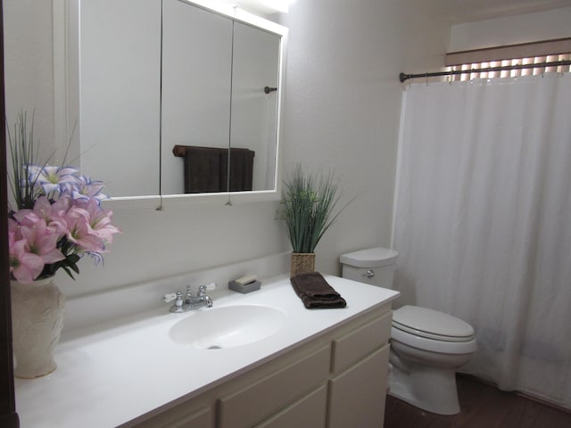 9755 E E Ave S Unit 12, Littlerock, CA 93543 - bathroom featuring toilet, vanity, wood finished floors, and a shower with shower curtain