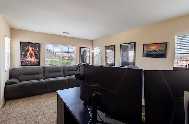 living room featuring carpet and plenty of natural light